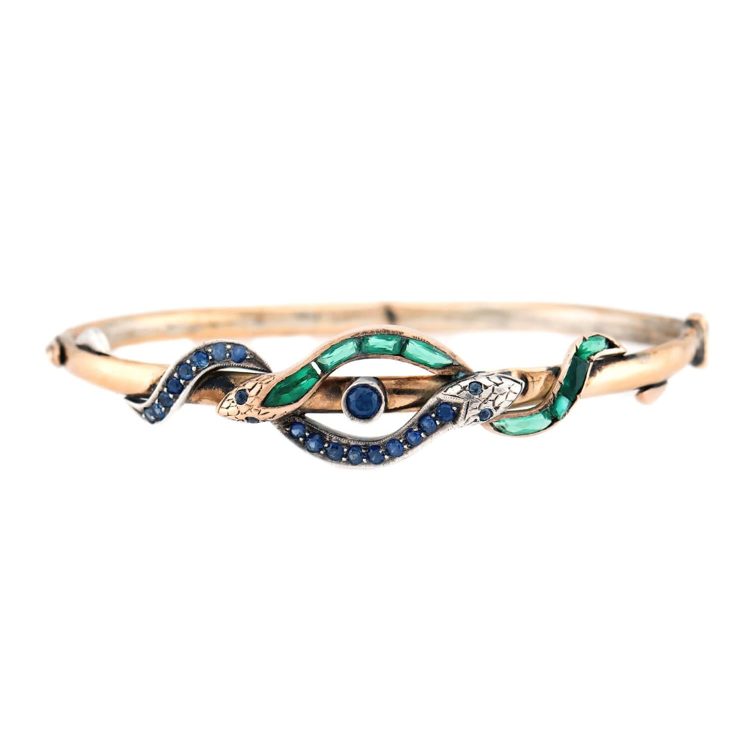 Victorian 10k/Sterling Silver "Emerald & Sapphire" Snake Bracelet