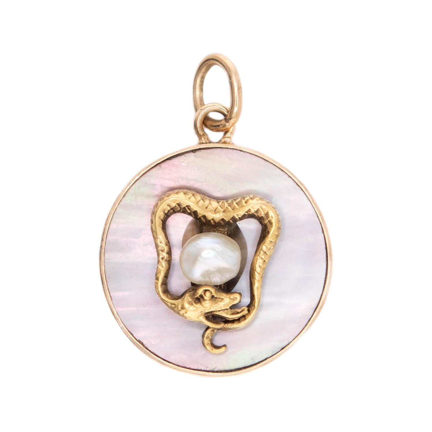 Victorian 14k Mother of Pearl & Pearl Snake Pendant/Charm