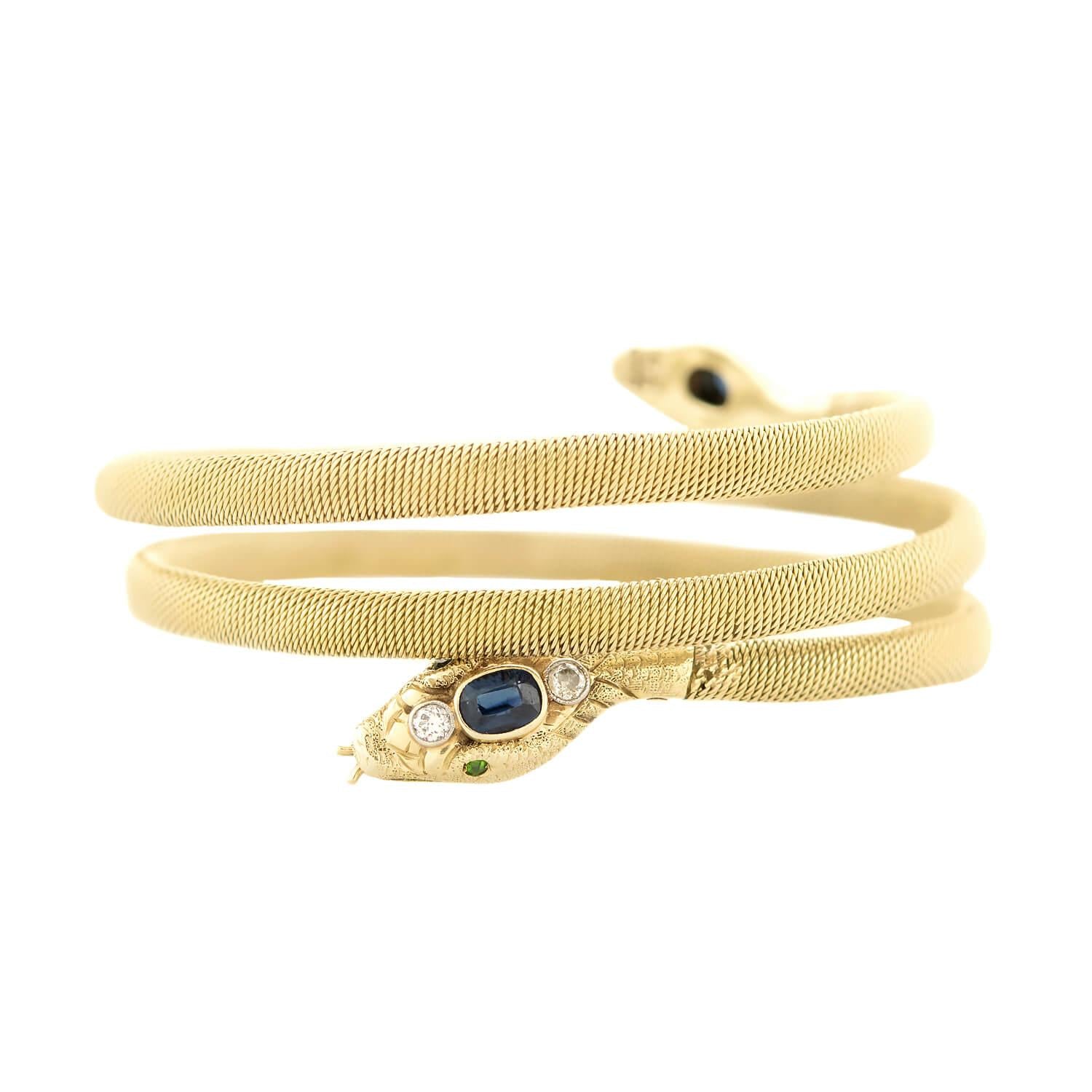 Art Deco 14k Diamond, Emerald, and Sapphire Snake Wrap Bracelet