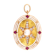 Victorian 14k Diamond, Ruby & Pearl Starburst Pendant