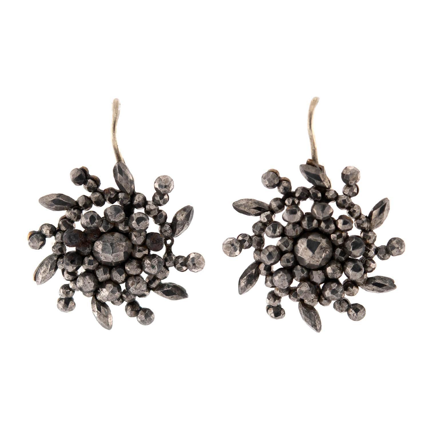 Victorian Sterling Silver Cut Steel Snowflake Motif Earrings