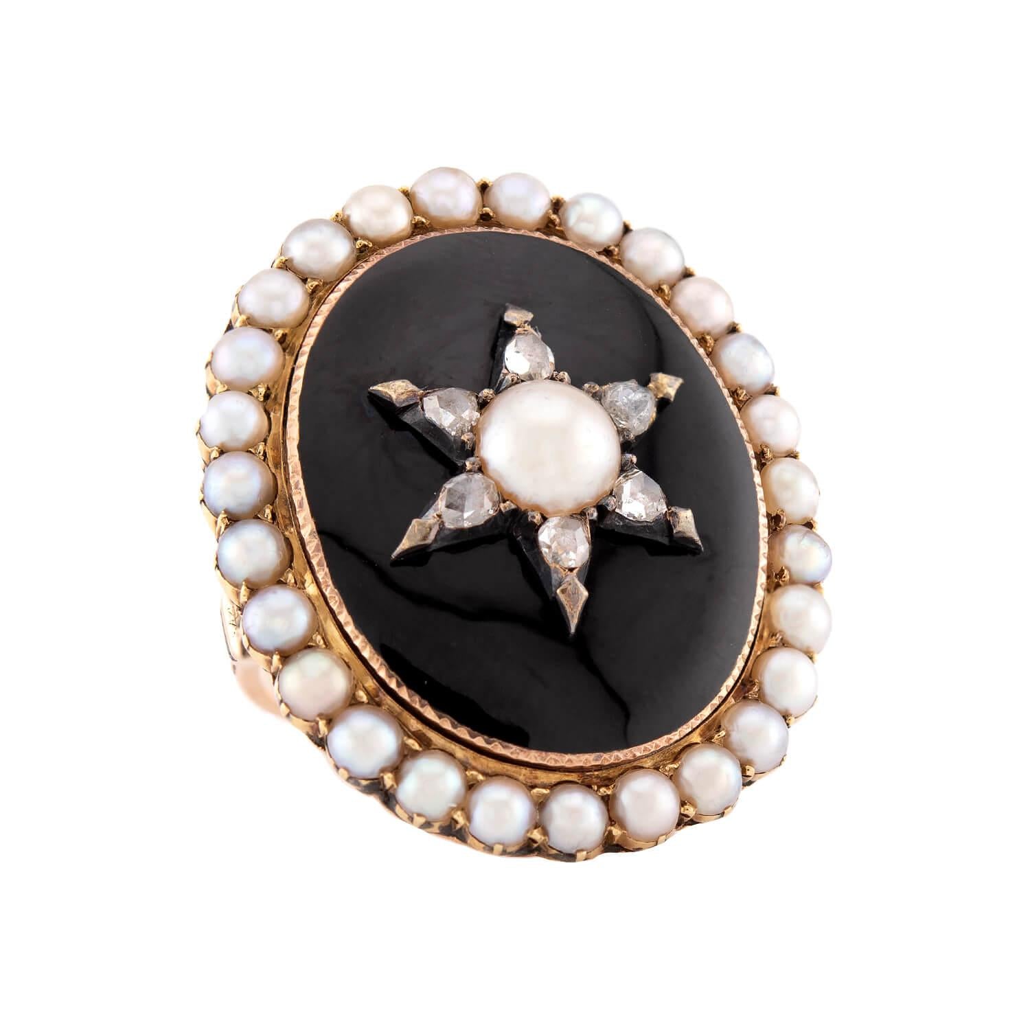 Victorian 14k Enamel, Pearl, & Diamond Starburst-Motif Ring