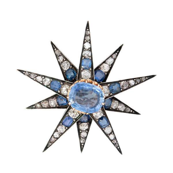 Victorian 14k/Sterling Silver Diamond & Sapphire Star Pendant Pin