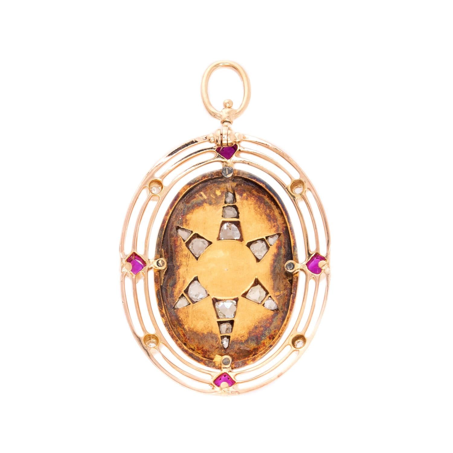Victorian 14k Diamond, Ruby & Pearl Starburst Pendant