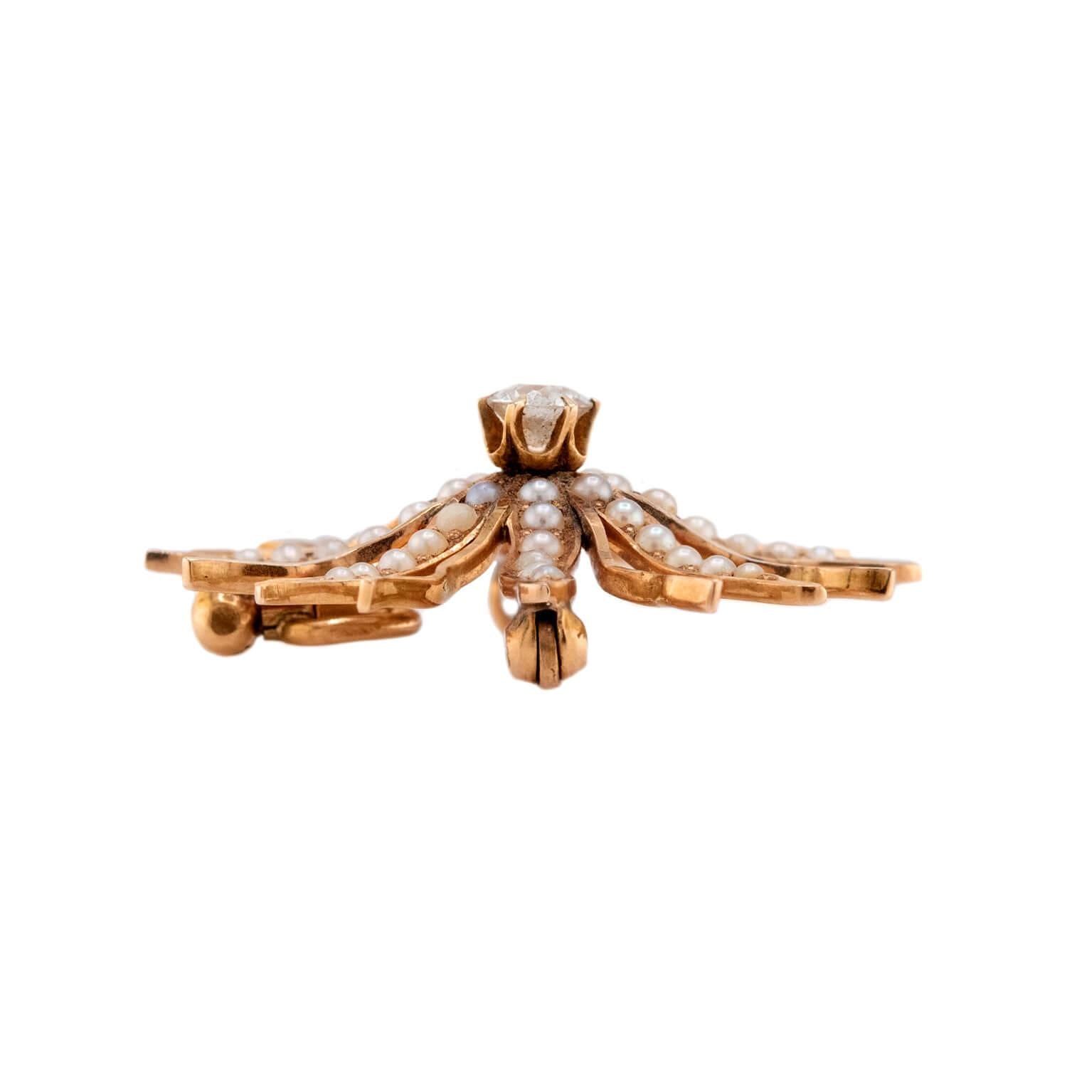 Victorian 14k Diamond & Pearl Sunburst Pin/Pendant