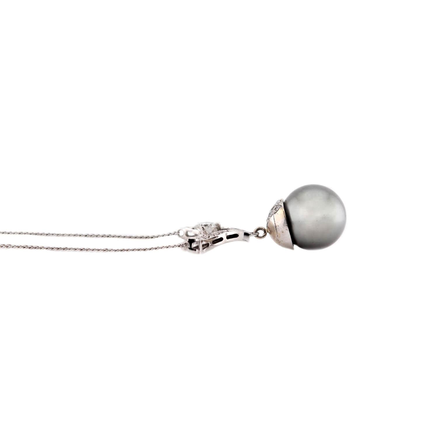 Estate 14k Tahitian Pearl & Diamond Pendant Necklace