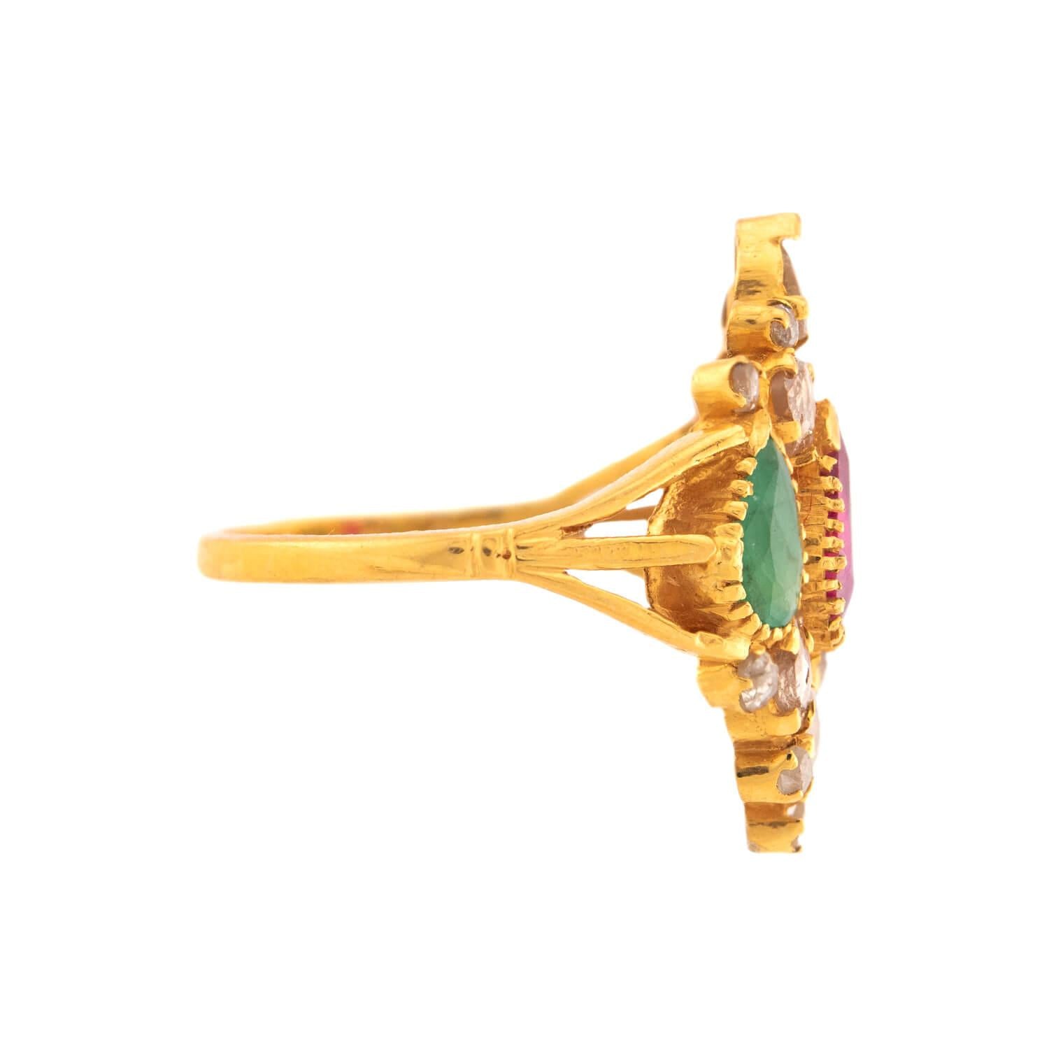 ANJANEY JEWELRY Estate Indian 22k Ruby, Emerald, & Diamond Ring