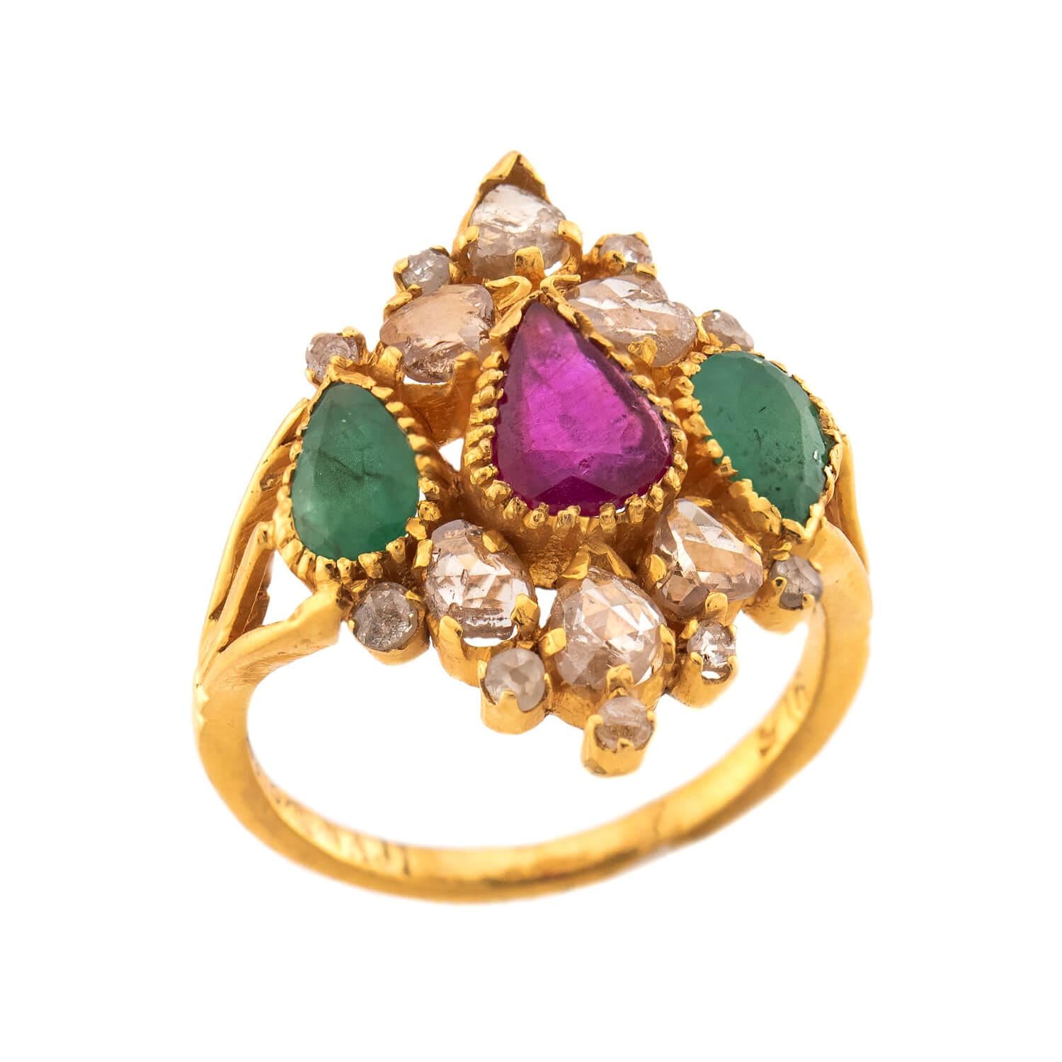 ANJANEY JEWELRY Estate Indian 22k Ruby, Emerald, & Diamond Ring