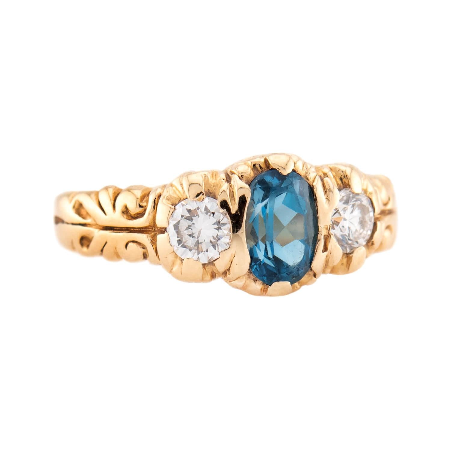 Vintage 14k London Topaz & Diamond Three Stone Ring
