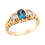 Vintage 14k London Topaz & Diamond Three Stone Ring