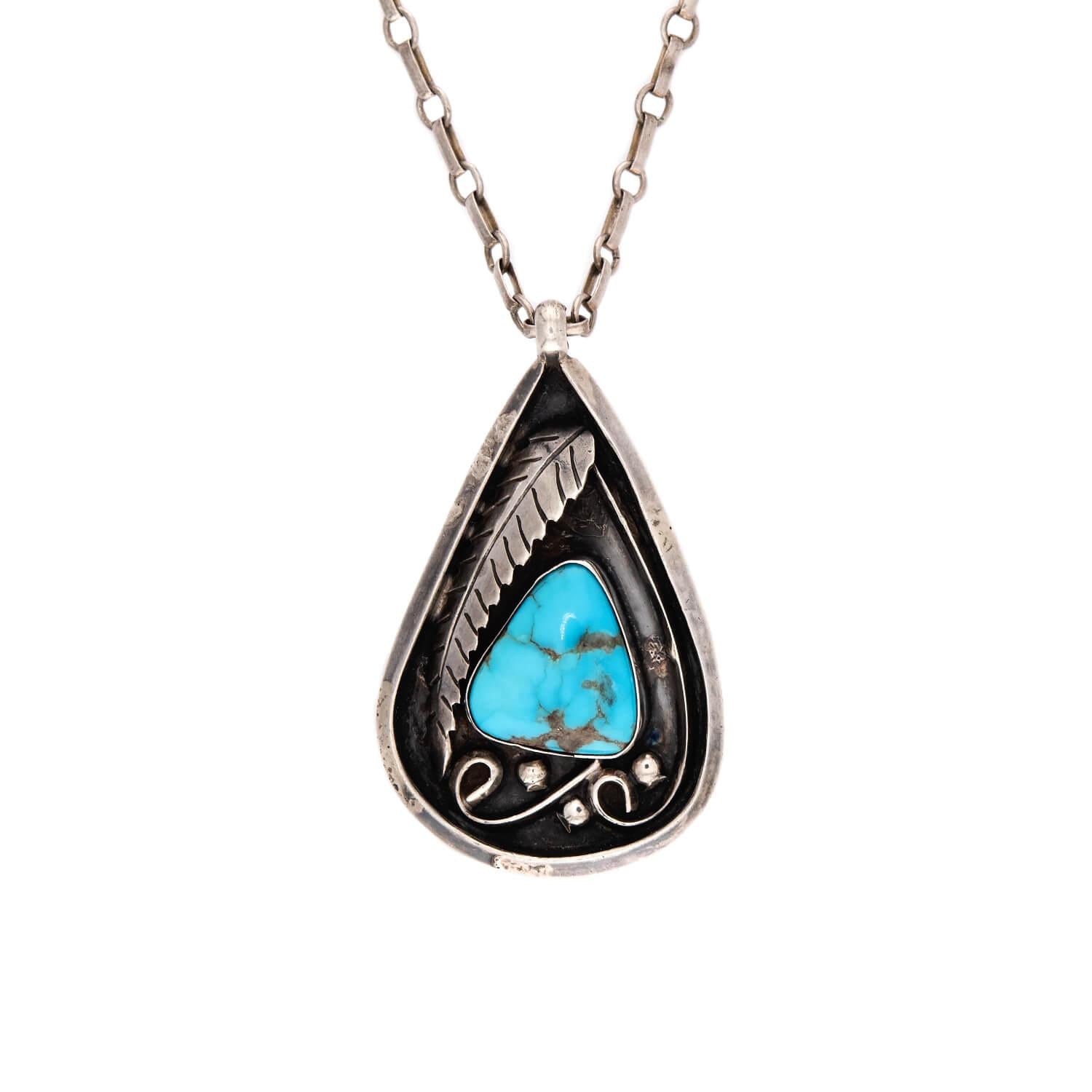 Vintage Sterling Silver Turquoise Teardrop Pin/Pendant Necklace