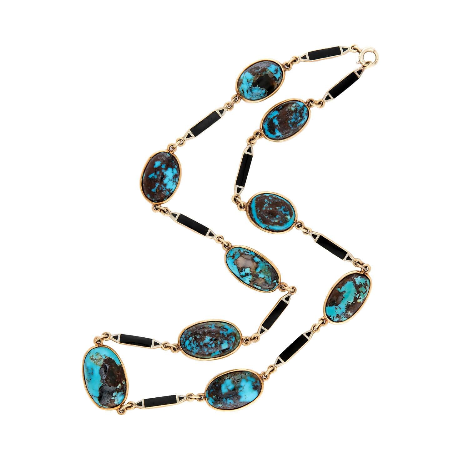 Art Deco 14k Turquoise and Enamel Link Necklace