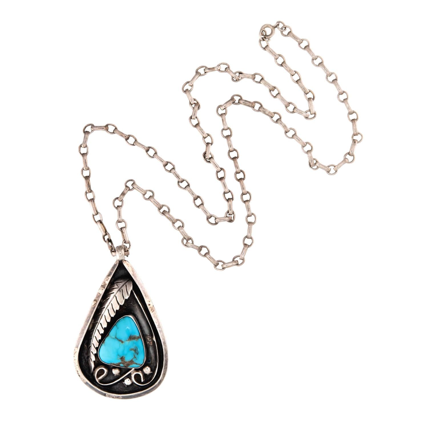 Vintage Sterling Silver Turquoise Teardrop Pin/Pendant Necklace