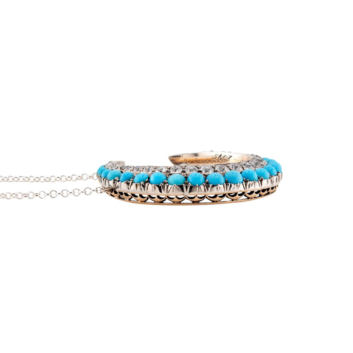 Victorian 18k/Sterling Silver Diamond & Turquoise Crescent Pendant Necklace