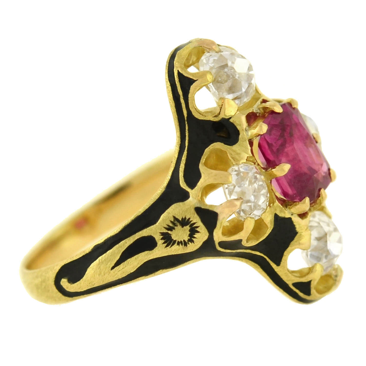 Victorian 18kt Natural No Heat Burma Ruby + Diamond Enamel Ring