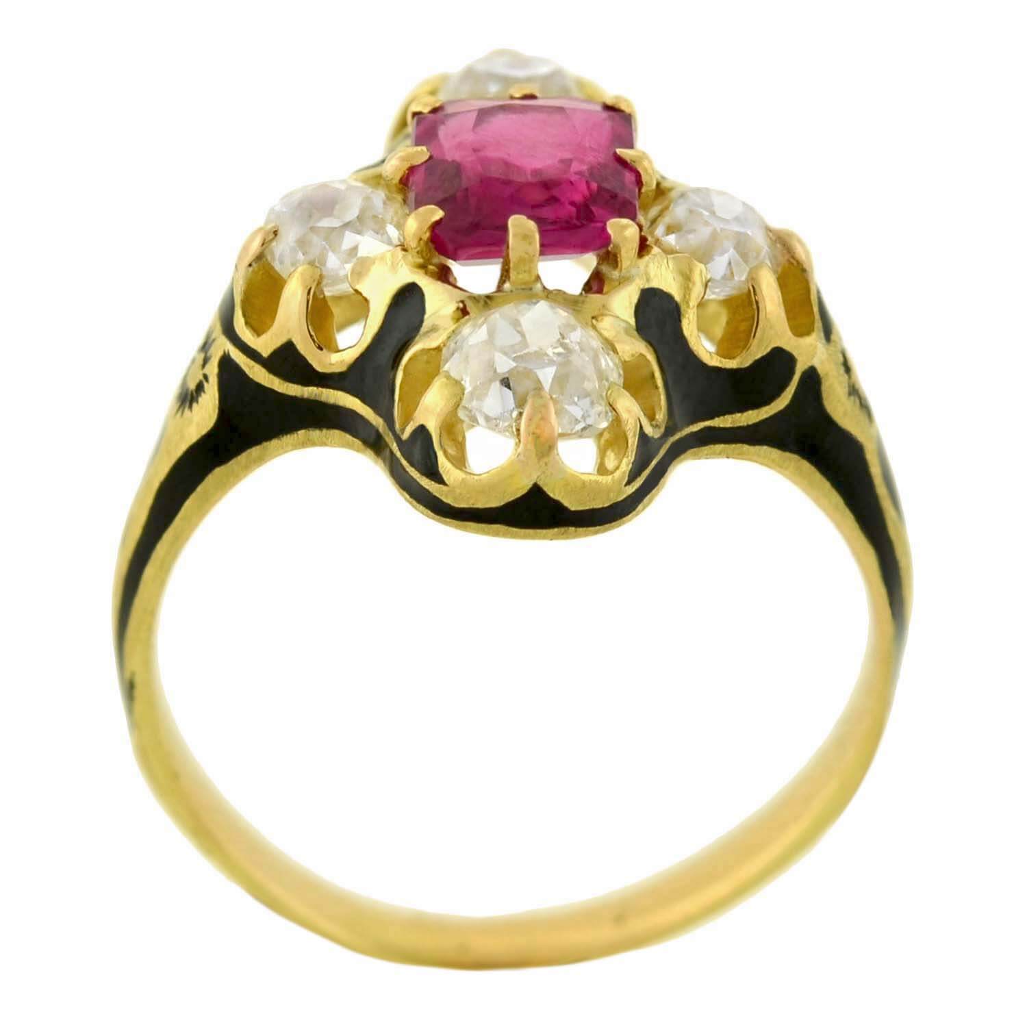 Victorian 18kt Natural No Heat Burma Ruby + Diamond Enamel Ring