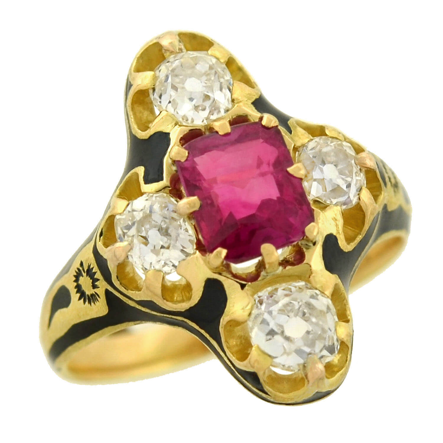 Victorian 18kt Natural No Heat Burma Ruby + Diamond Enamel Ring