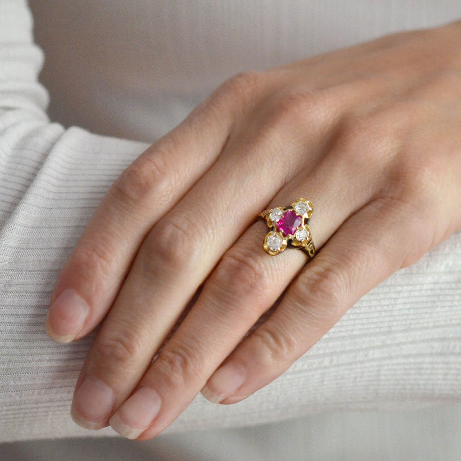 Victorian 18kt Natural No Heat Burma Ruby + Diamond Enamel Ring