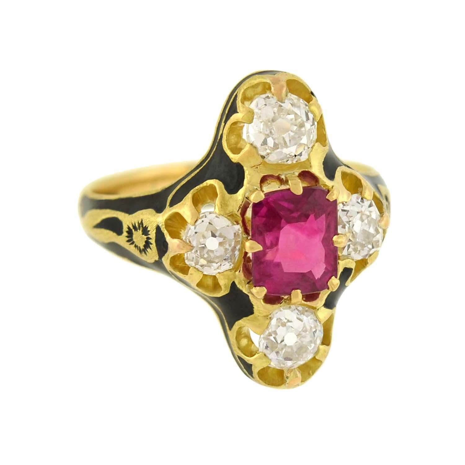 Victorian 18kt Natural No Heat Burma Ruby + Diamond Enamel Ring