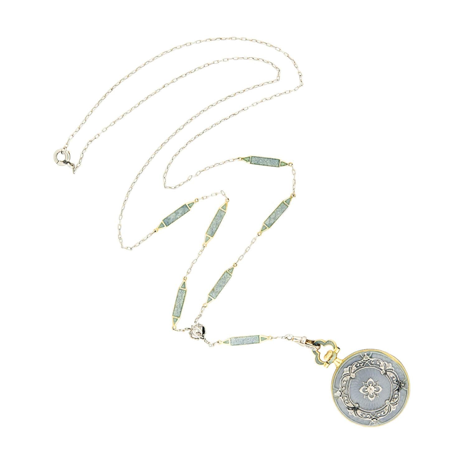 Edwardian 18k/Platinum Blue Enameled Pocket Watch and Lorgnette Chain