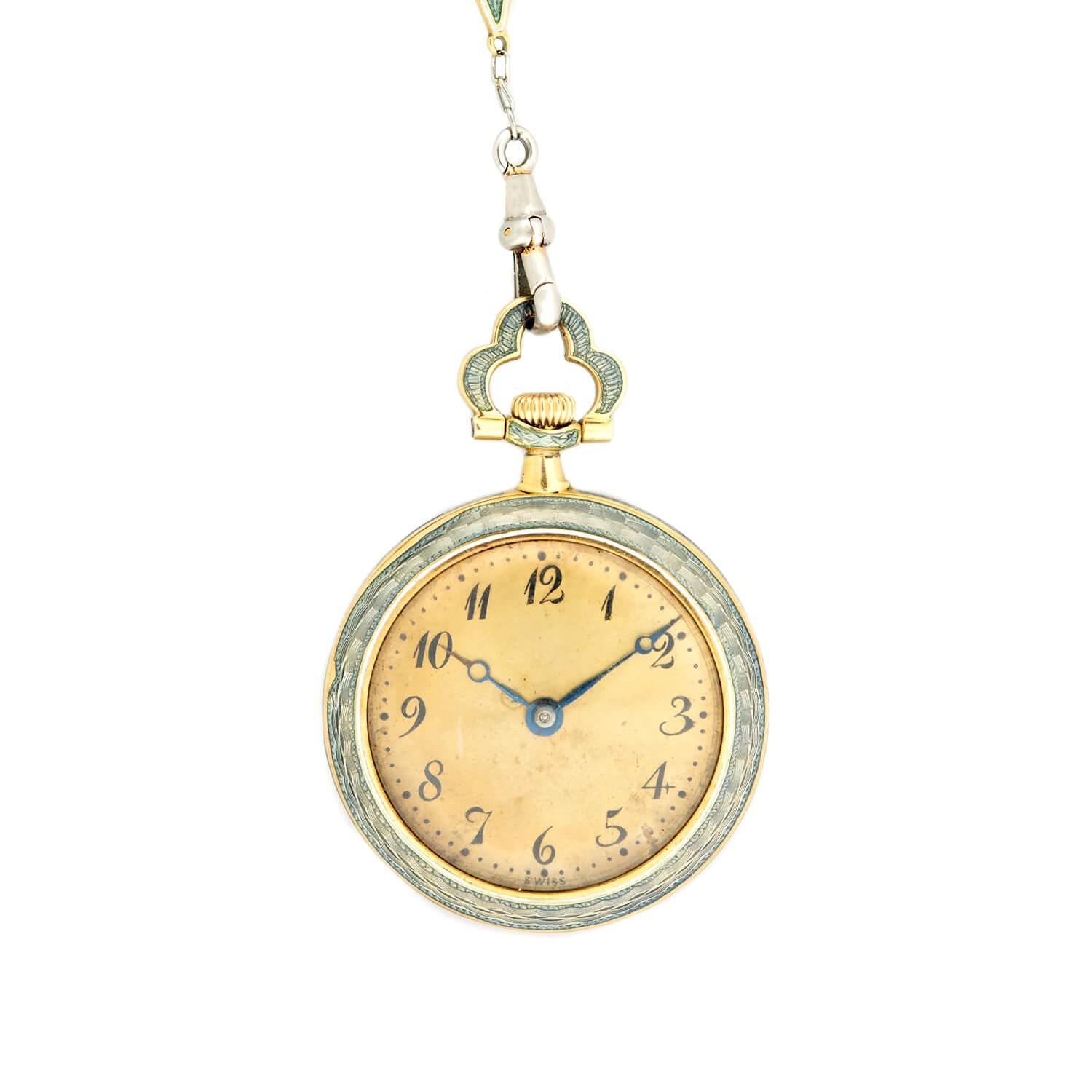 Edwardian 18k/Platinum Blue Enameled Pocket Watch and Lorgnette Chain