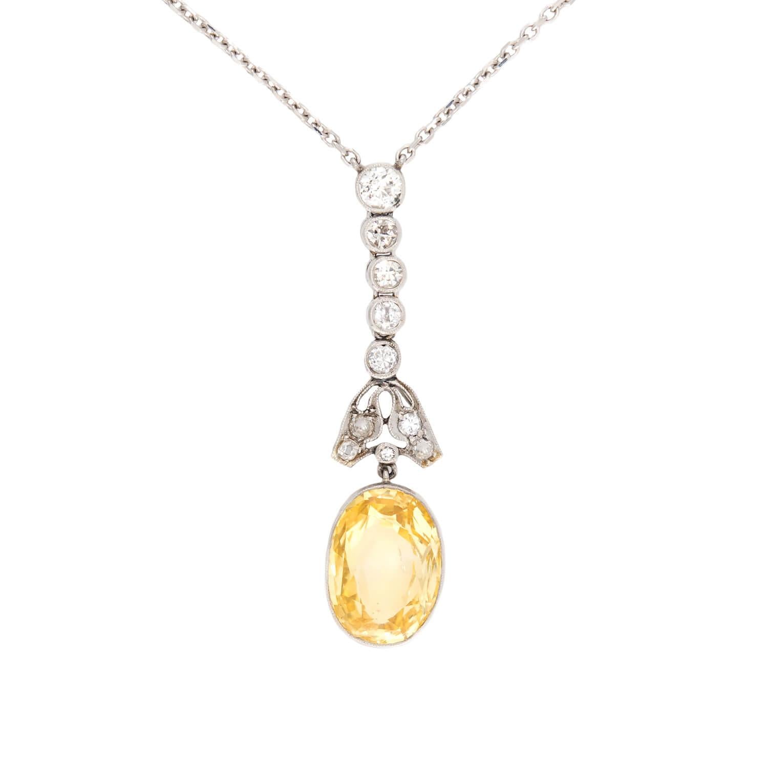 Edwardian 14k GIA Yellow Sapphire and Diamond Pendant Necklace