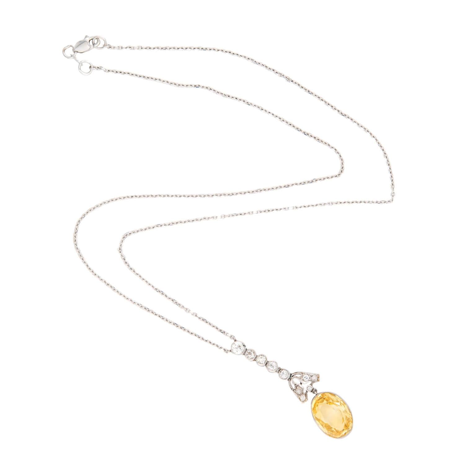 Edwardian 14k GIA Yellow Sapphire and Diamond Pendant Necklace