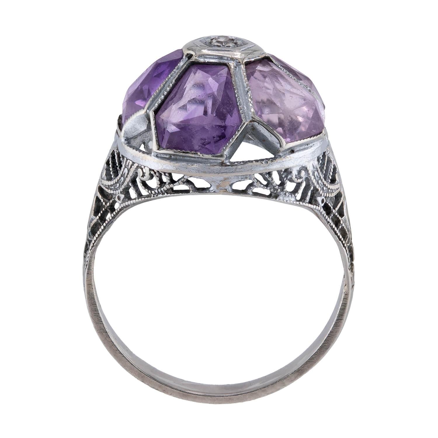 Art Deco 14k Amethyst & Diamond Floral-Motif Ring
