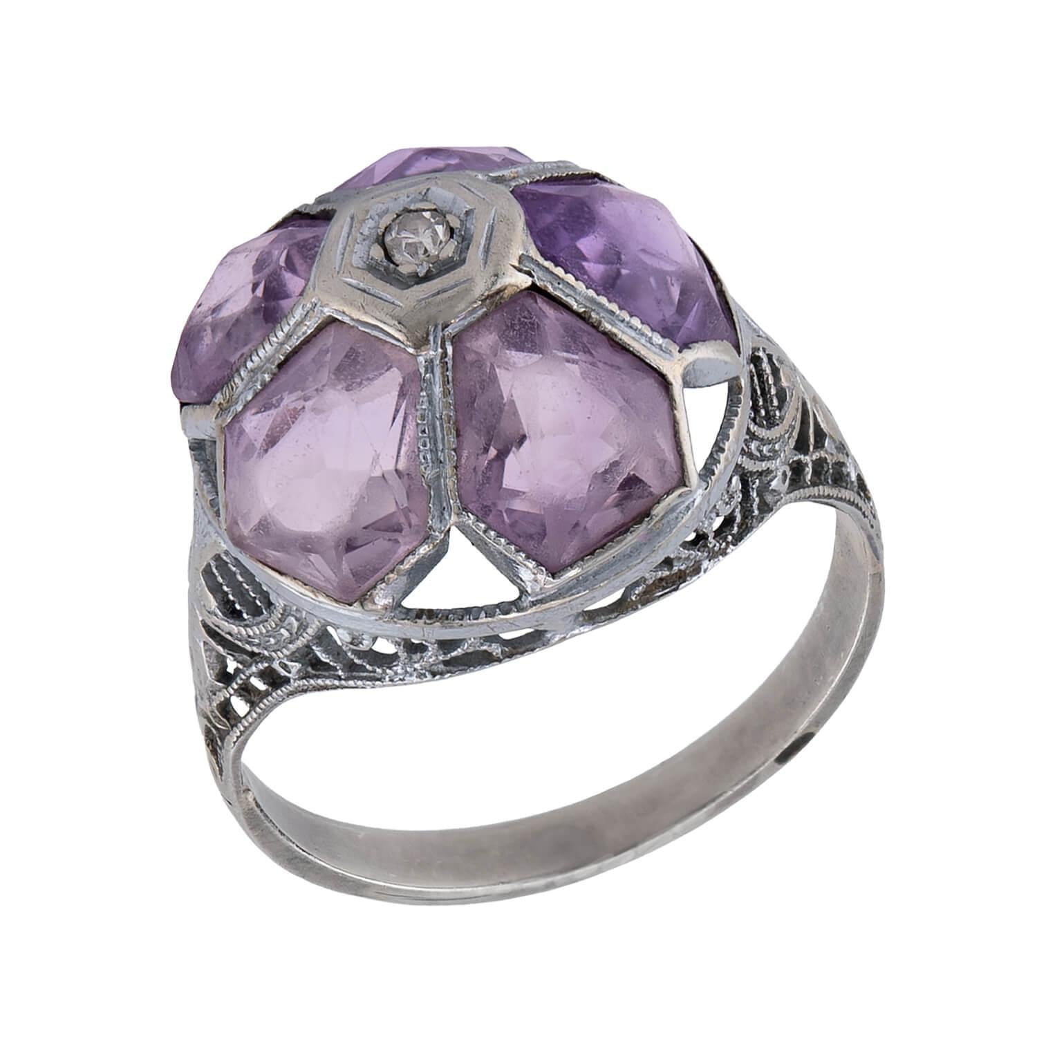 Art Deco 14k Amethyst & Diamond Floral-Motif Ring