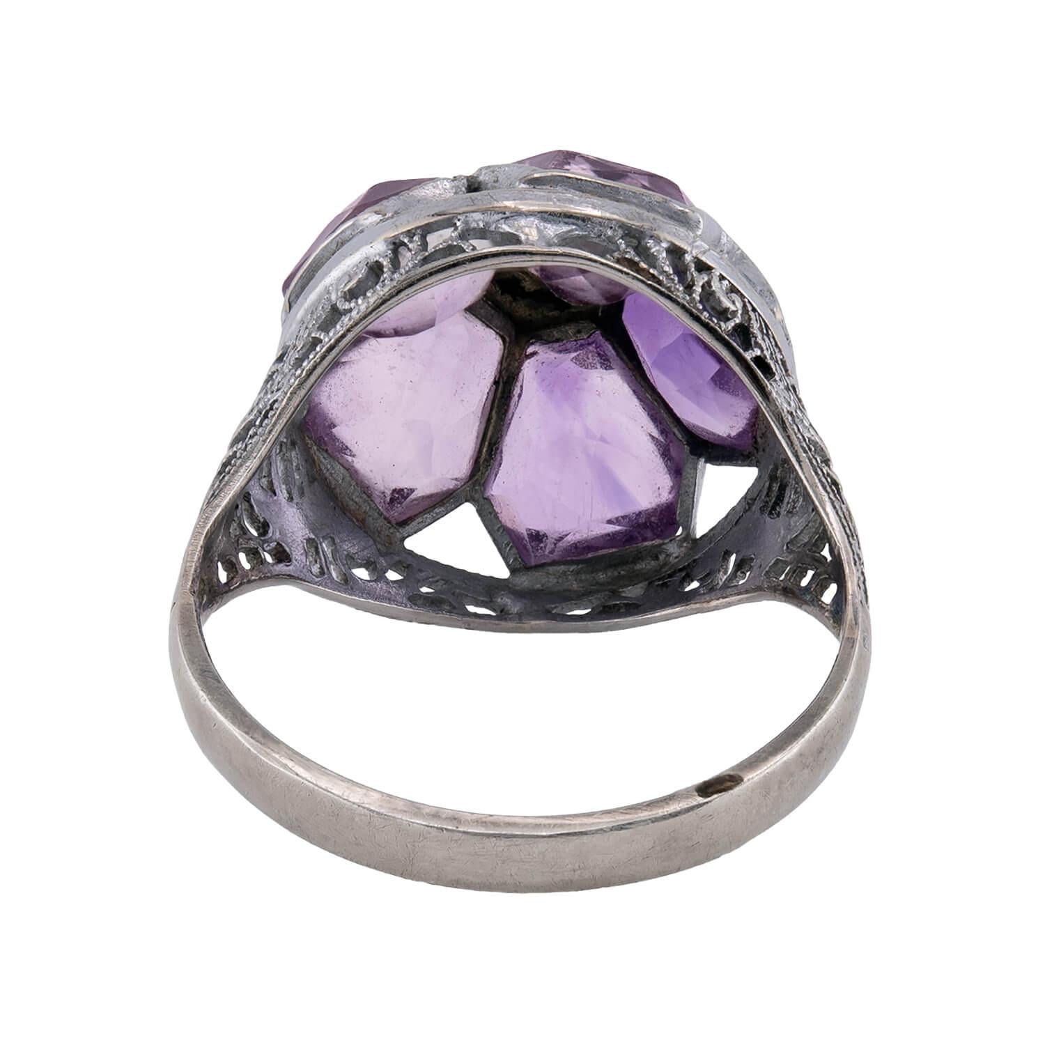 Art Deco 14k Amethyst & Diamond Floral-Motif Ring