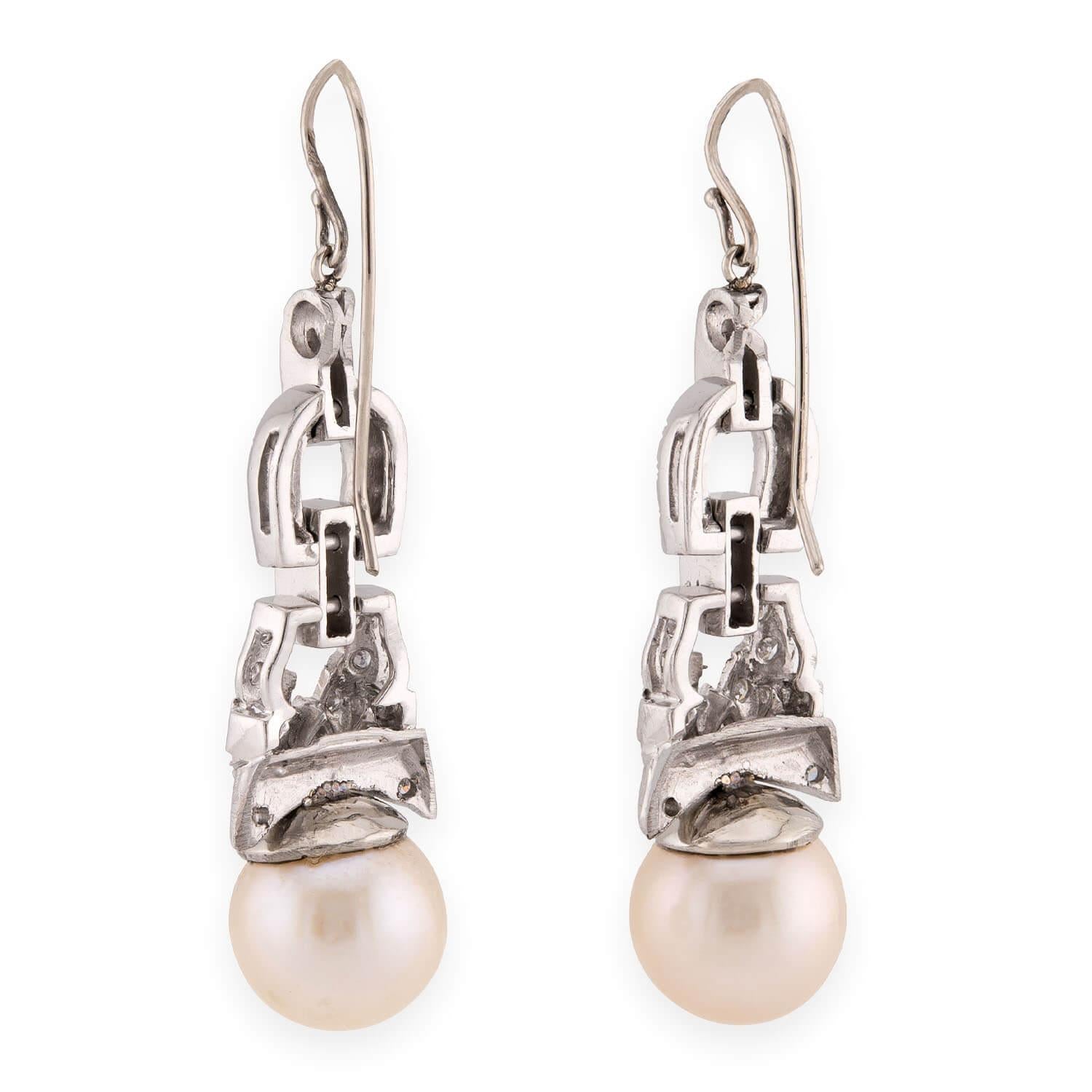 Retro Platinum Diamond & Pearl Drop Earrings