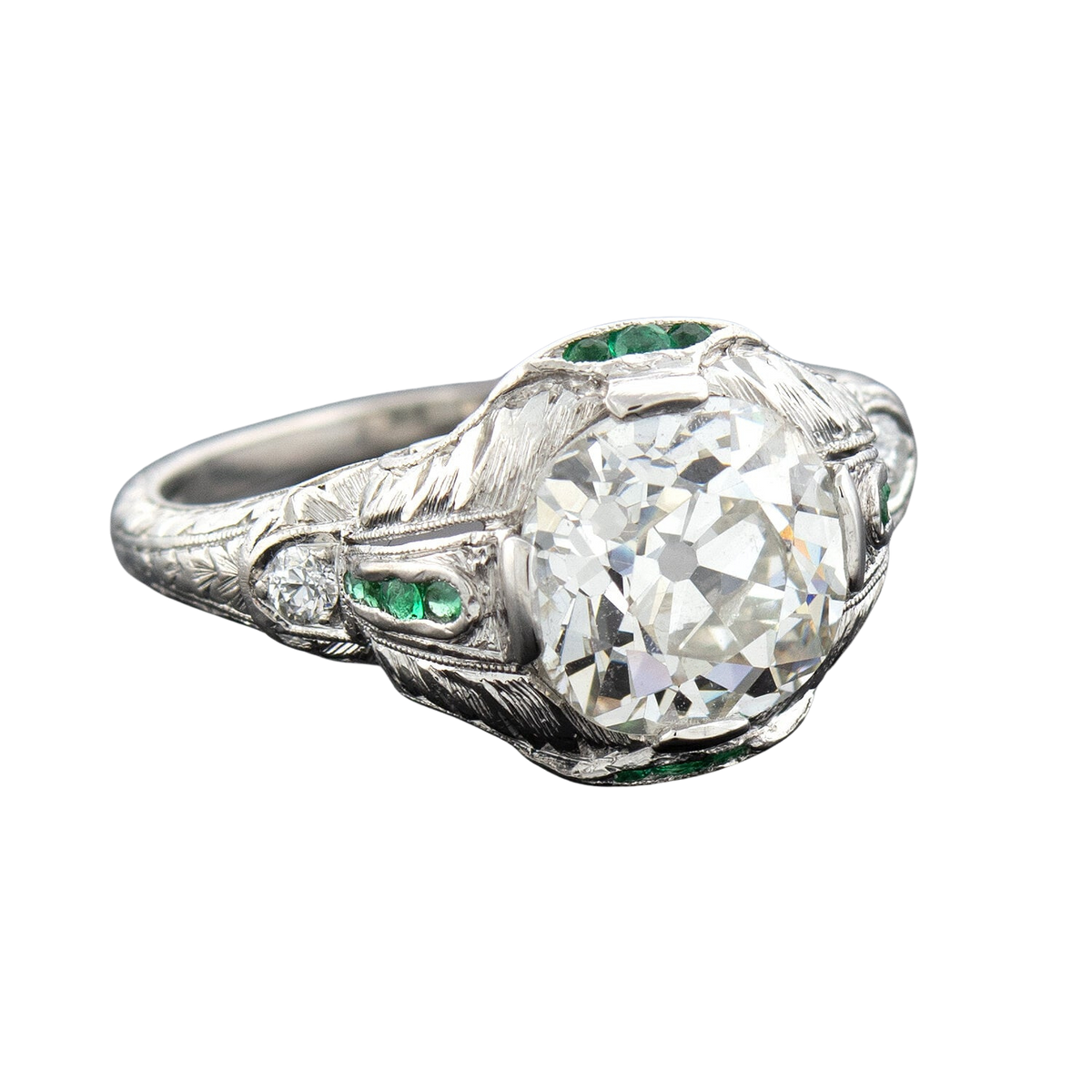Art Deco Platinum Diamond + Emerald Engagement Ring 2.36ctw Center