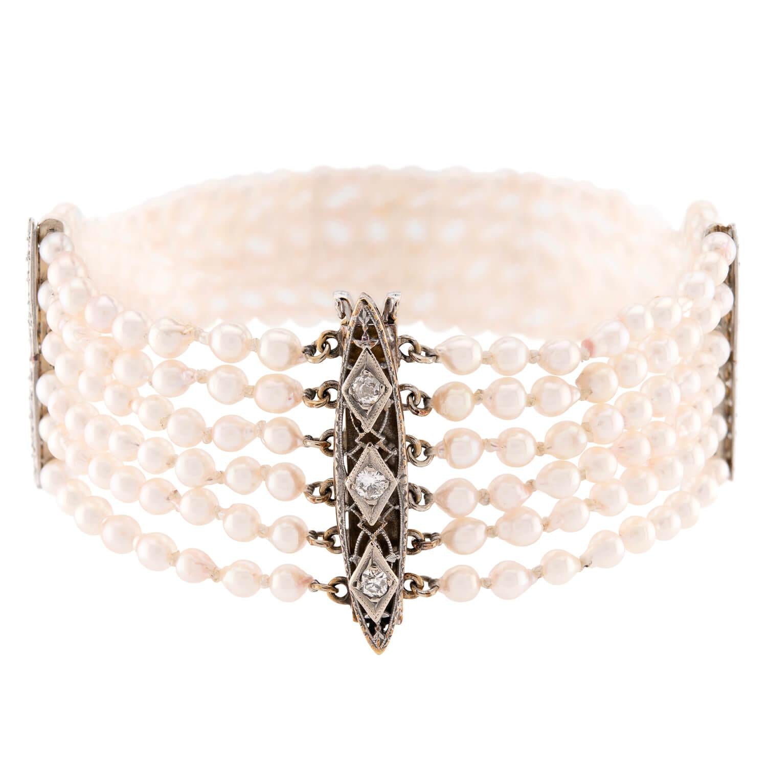Edwardian 14k/Platinum Pearl & Diamond Multi-Strand Bracelet