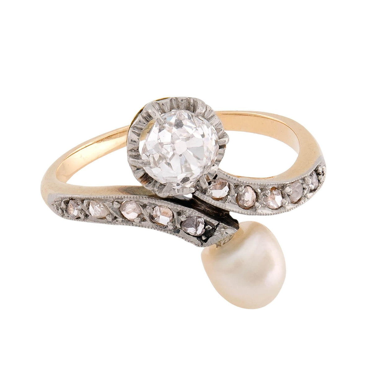 Victorian 14k Diamond & Pearl "Moi et Toi" Bypass Ring