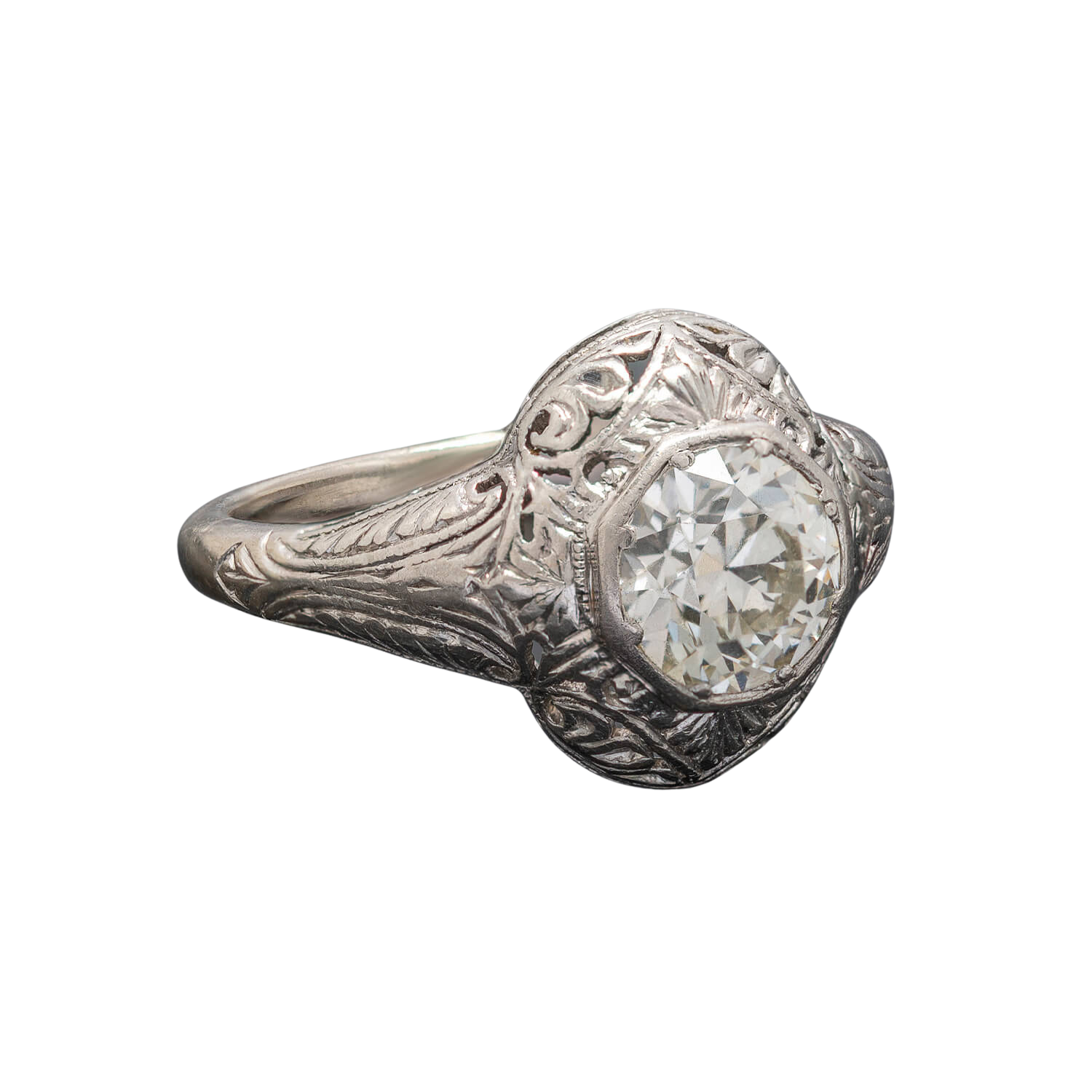 Edwardian 14kt White Gold + Old European Cut Diamond Engagement Ring 1.18ctw