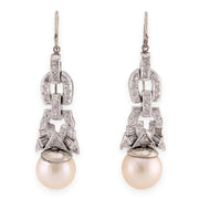 Retro Platinum Diamond & Pearl Drop Earrings