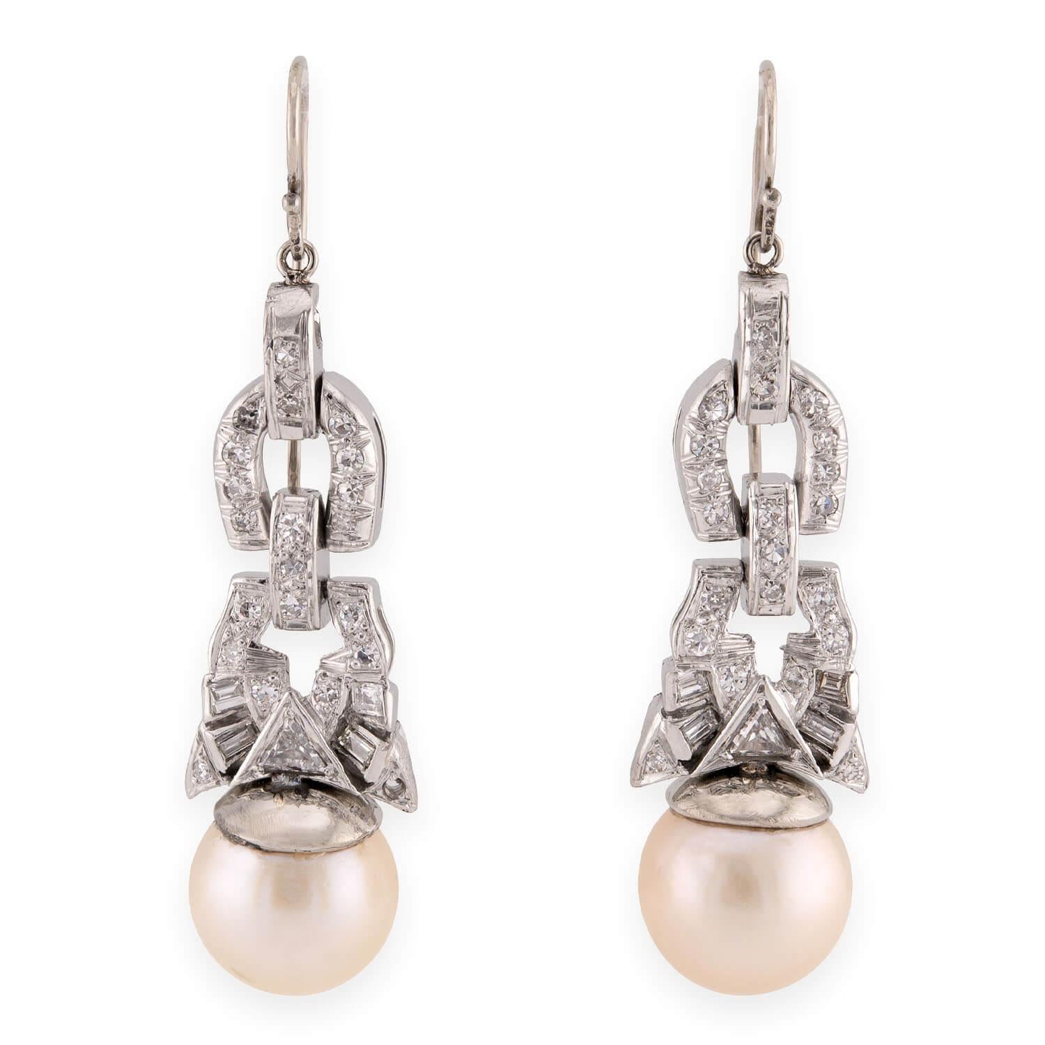 Retro Platinum Diamond & Pearl Drop Earrings