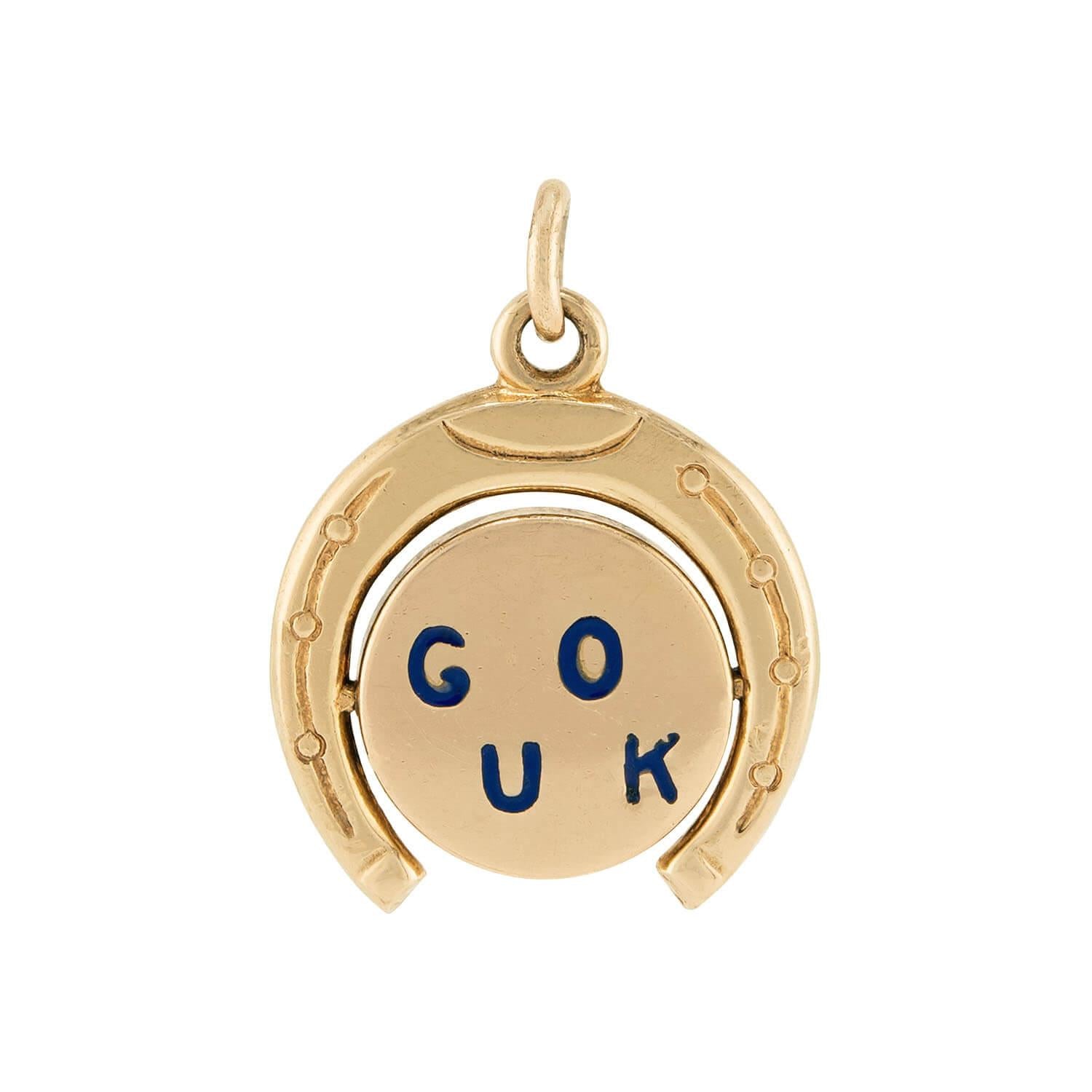 Vintage 14k Enamel "Good Luck" Horseshoe-Motif Spinner Pendant/Charm