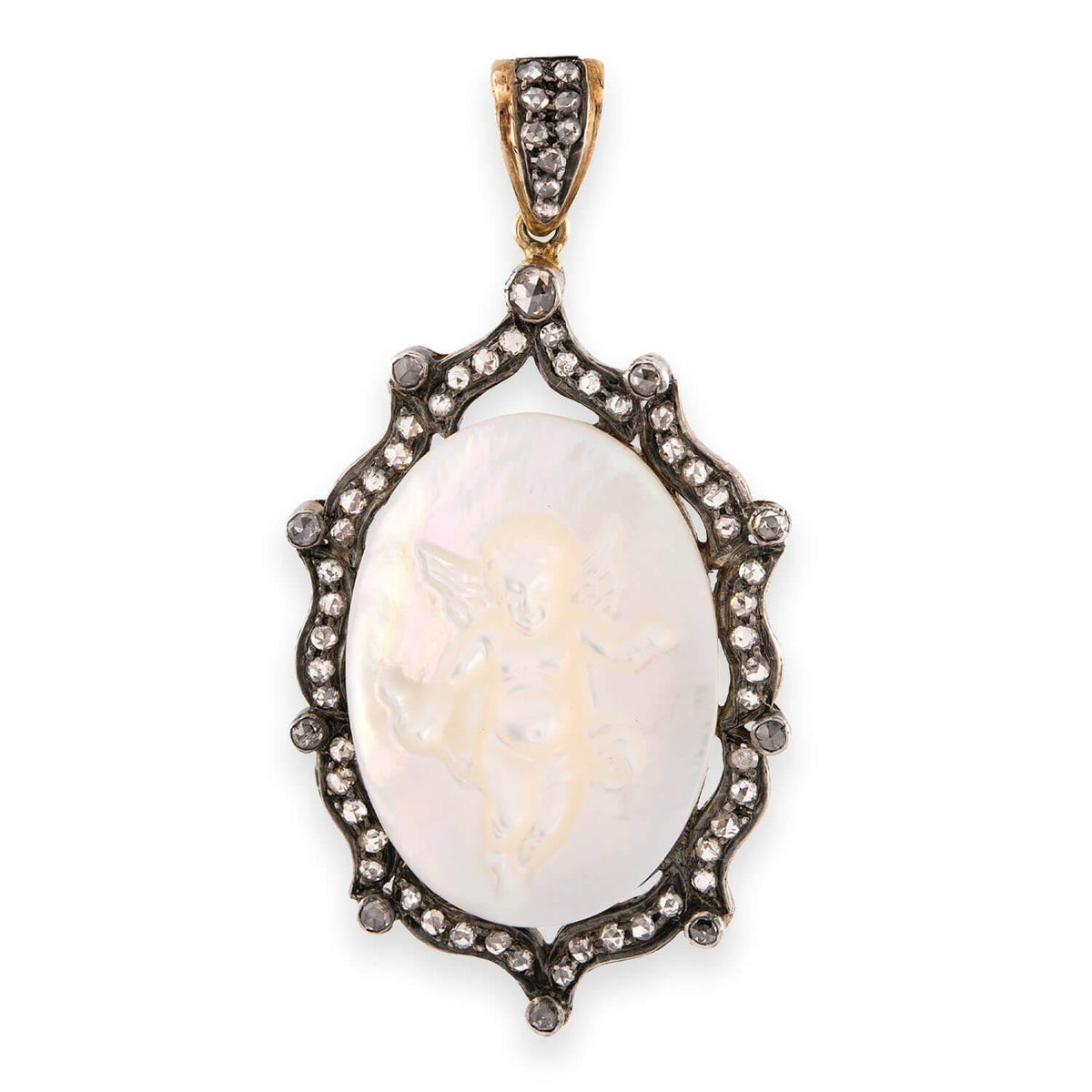 Victorian 14k/Sterling Silver Mother of Pearl & Diamond Cherub Pendant
