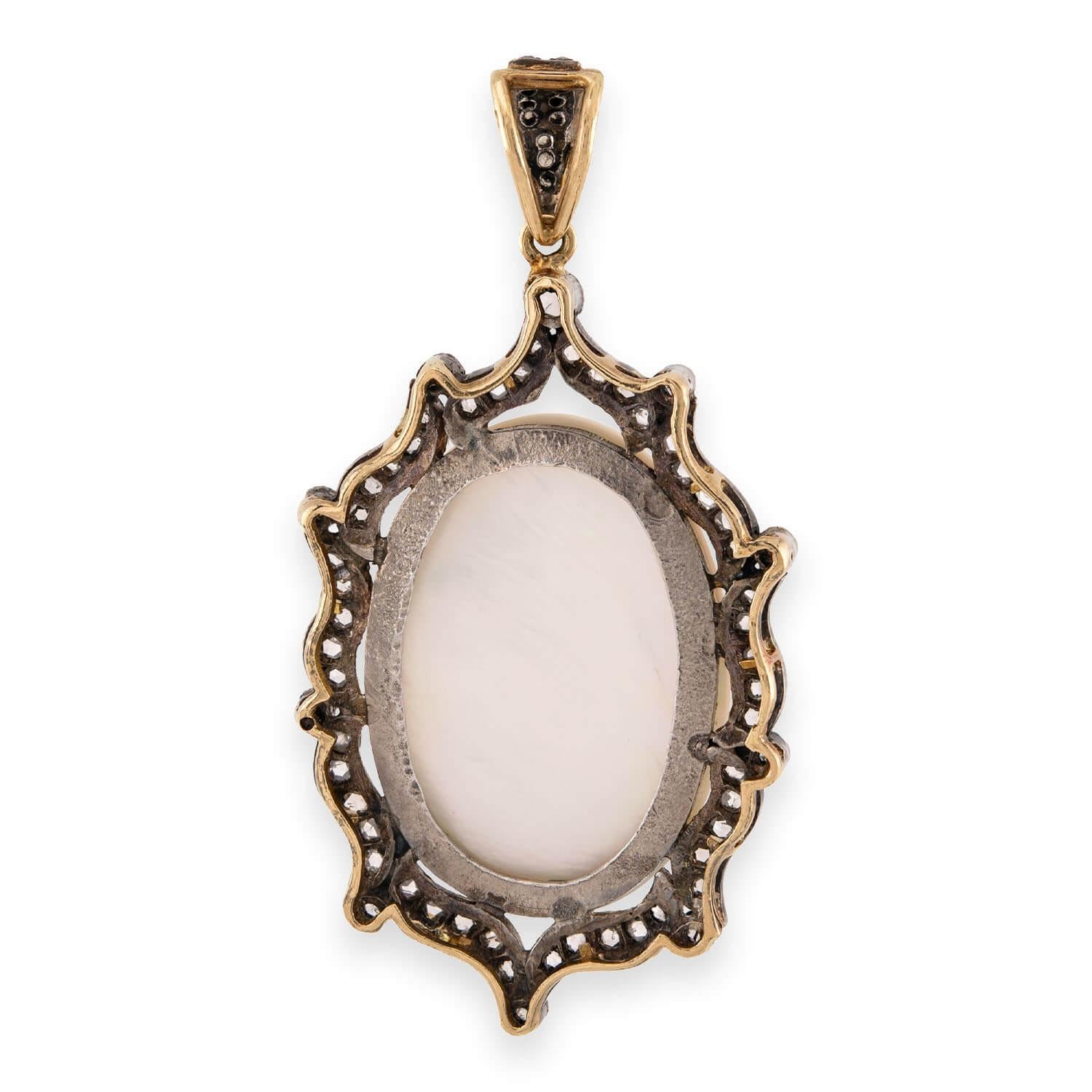Victorian 14k/Sterling Silver Mother of Pearl & Diamond Cherub Pendant