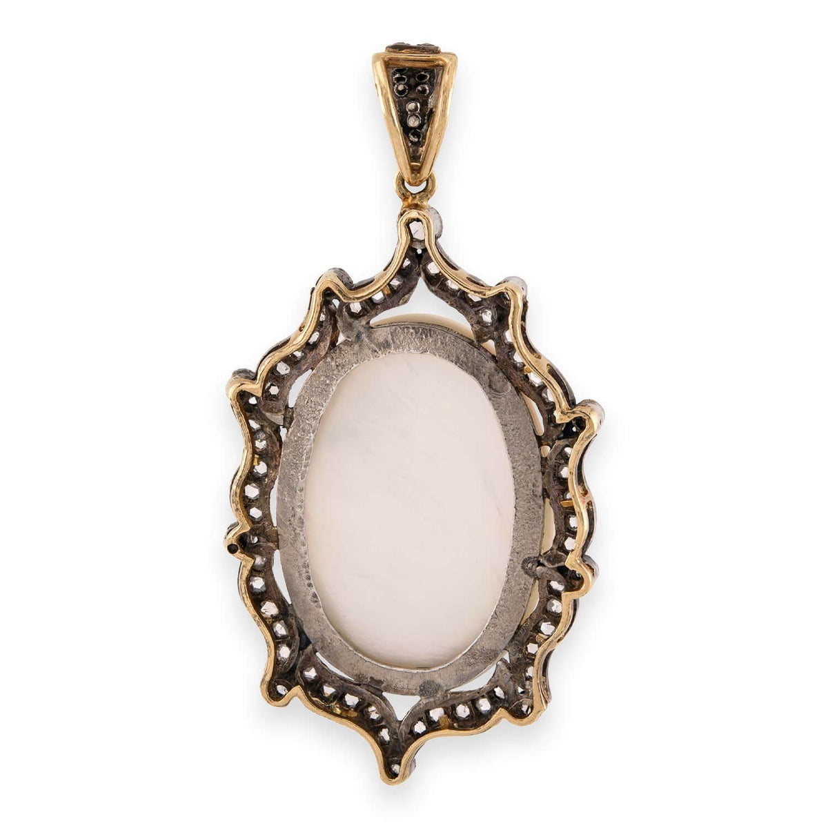 Victorian 14k/Sterling Silver Mother of Pearl & Diamond Cherub Pendant