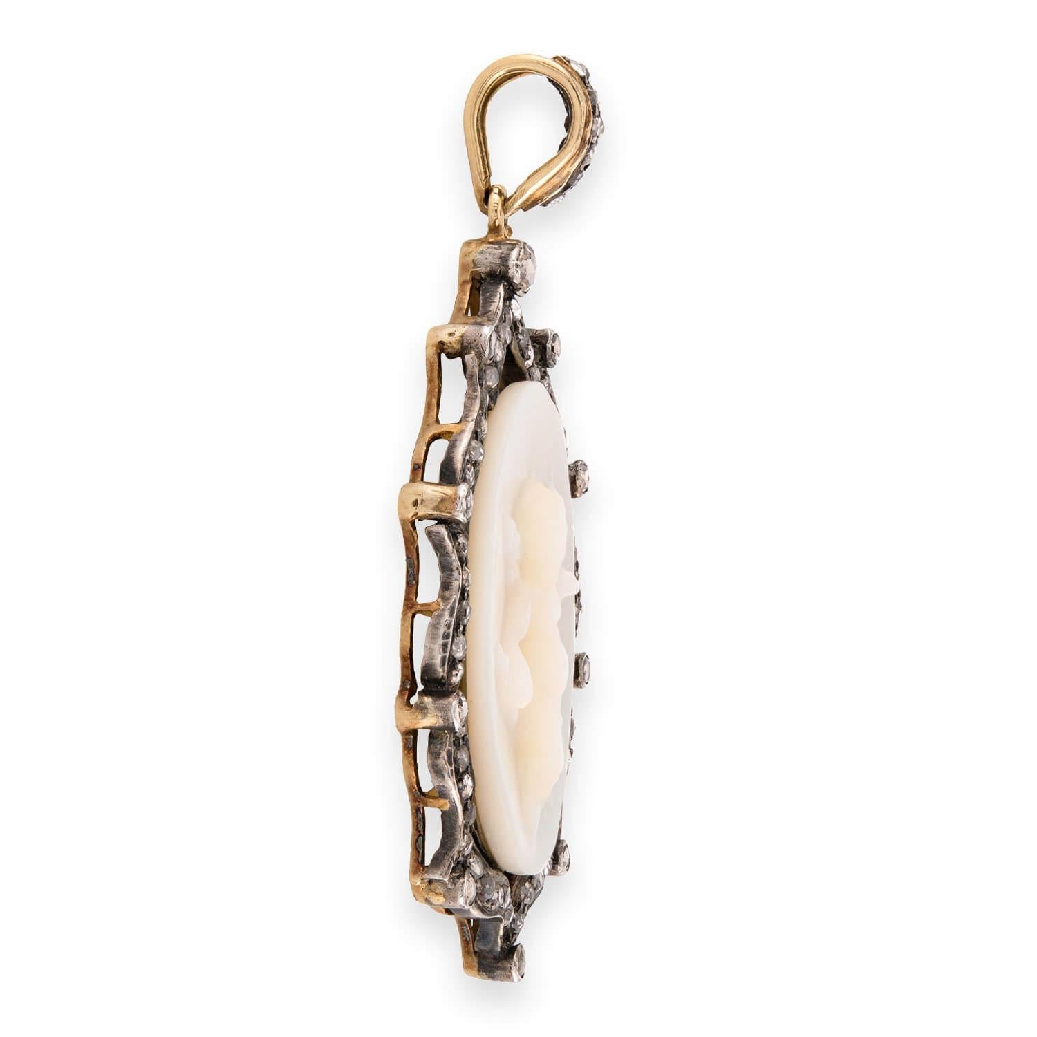 Victorian 14k/Sterling Silver Mother of Pearl & Diamond Cherub Pendant