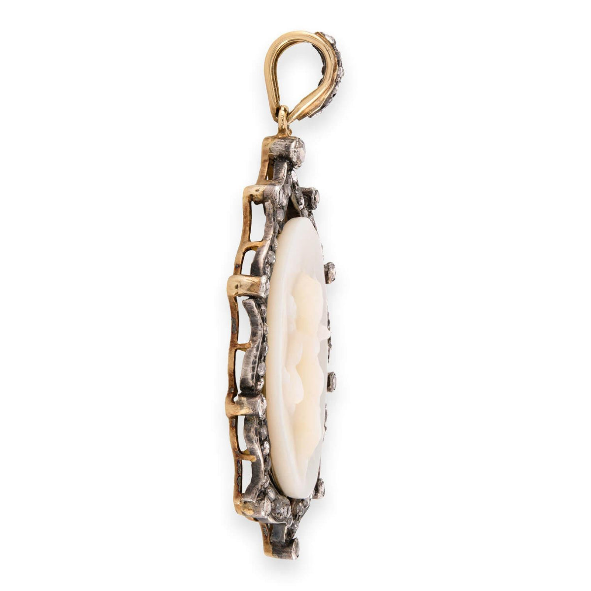 Victorian 14k/Sterling Silver Mother of Pearl & Diamond Cherub Pendant