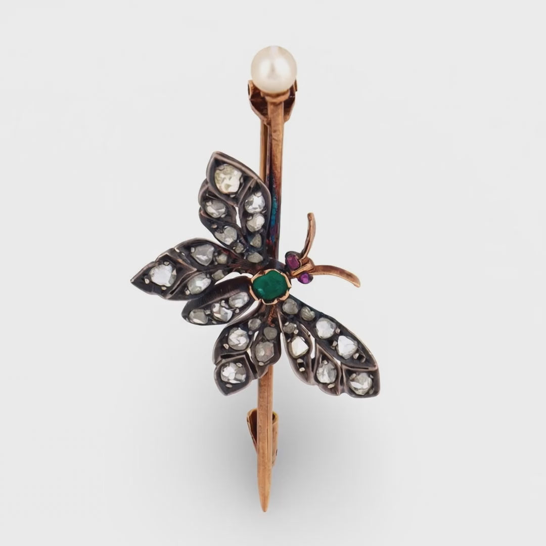 Victorian French 18k/ Silver Diamond, Emerald, Ruby, & Pearl Buttferly Pin