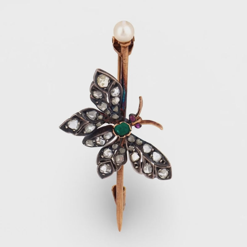 Victorian French 18k/ Silver Diamond, Emerald, Ruby, & Pearl Buttferly Pin