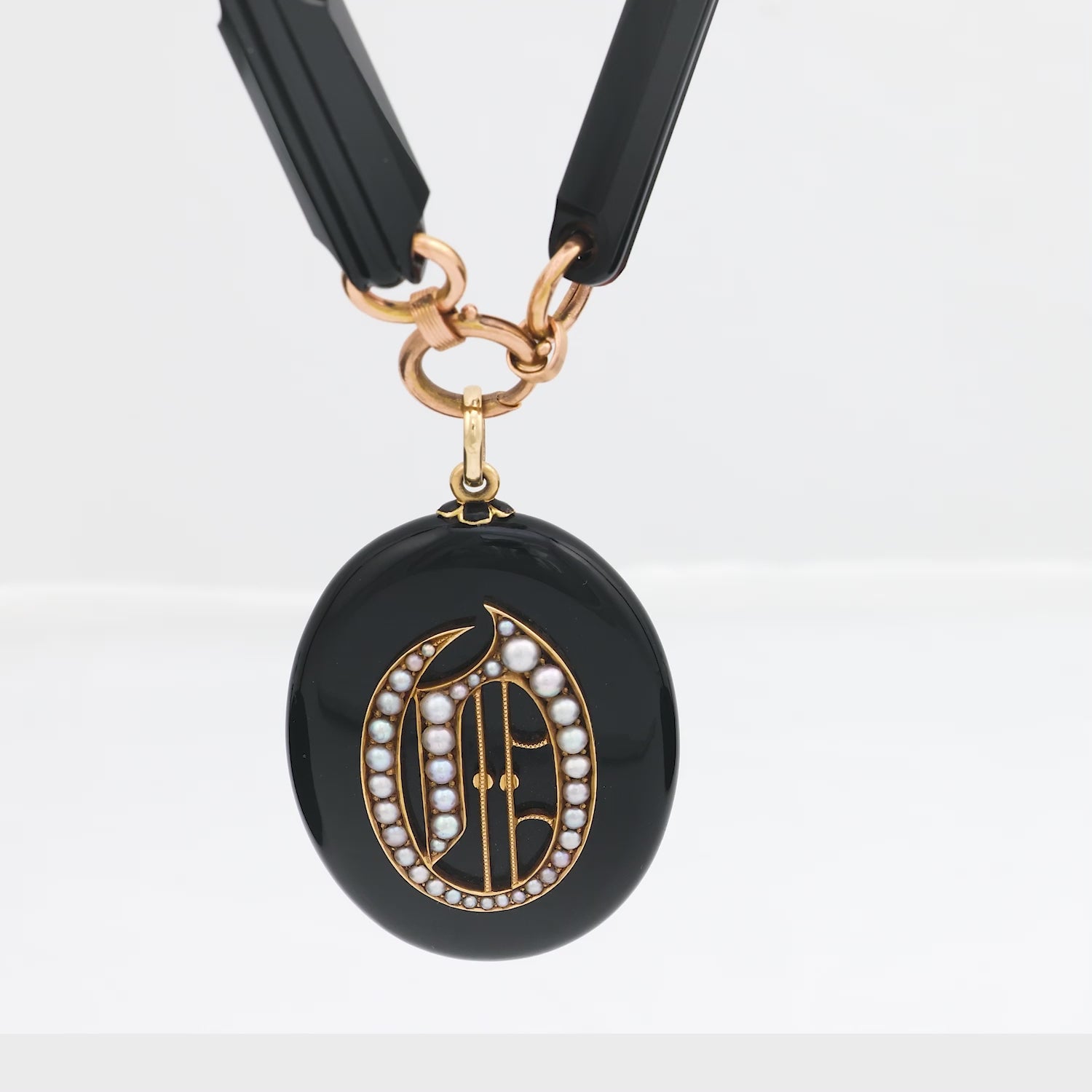 Victorian 14k Jet & Pearl Locket Pendant Necklace