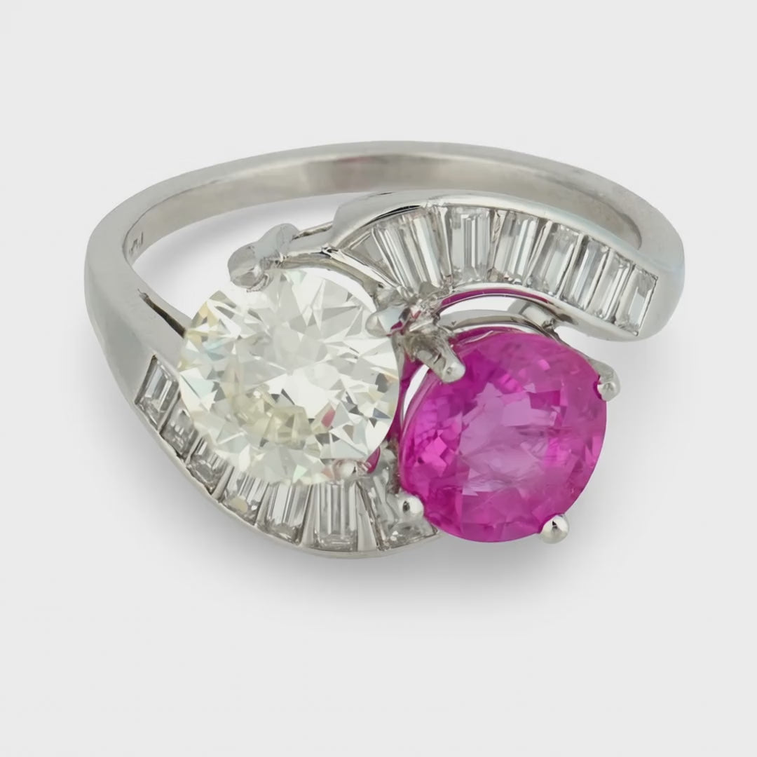 Estate Platinum Pink Sapphire & Diamond "Moi et Toi" Bypass Ring