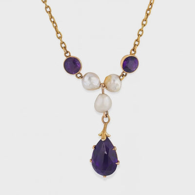 Art Nouveau 14k Amethyst & Pearl Festoon Necklace