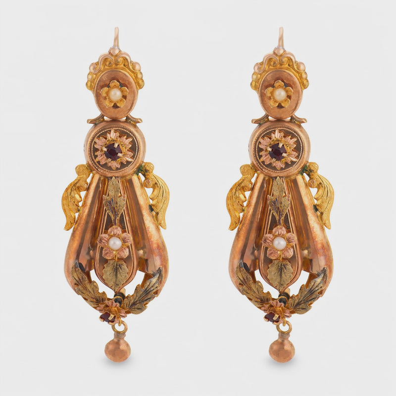 Art Nouveau 14k Pearl & Garnet Dangle Earrings