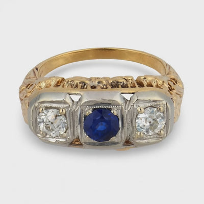 Edwardian 14k Sapphire & Diamond Three Stone Ring